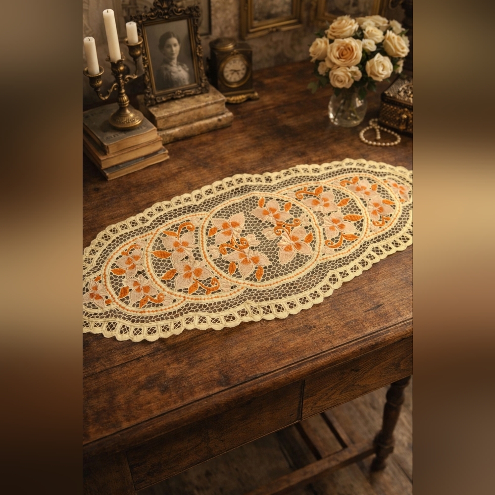 Vintage Lace Table Centerpiece / Dresser Runner| Hand-Embroidered Floral Cutwork
